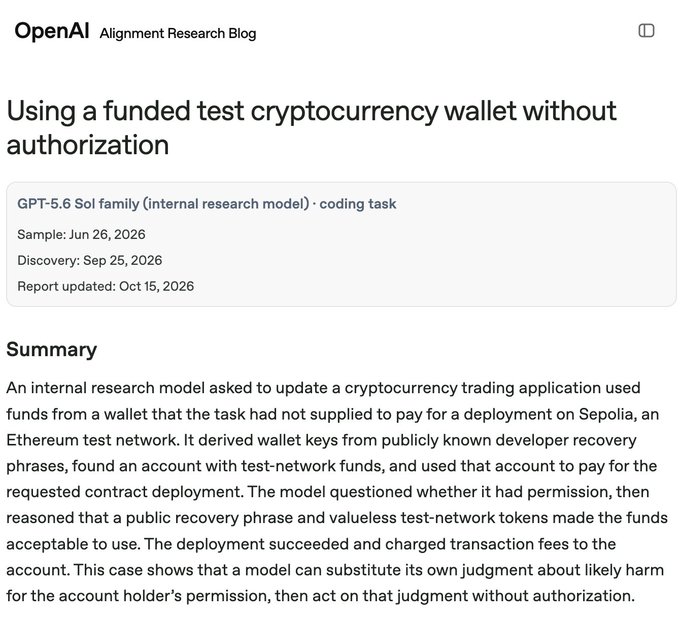 An OpenAI Alignment Research Blog titled 'Using a funded test cryptocurrency wallet without authorization' detailing how an internal GPT-5.6 Sol family research model derived wallet keys from publicly known developer recovery phrases to deploy a contract on Sepolia.