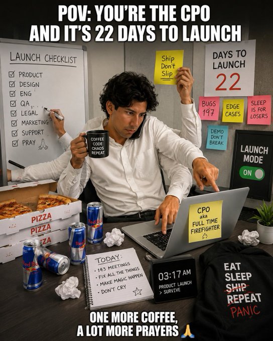 A meme captioned 'POV: YOU'RE THE CPO AND IT'S 22 DAYS TO LAUNCH' showing a stressed man juggling multiple tasks at 03:17 AM, surrounded by sticky notes like 'Ship Don't Slip' and 'Launch Mode ON', with a hoodie reading 'EAT SLEEP SHIP REPEAT PANIC'.