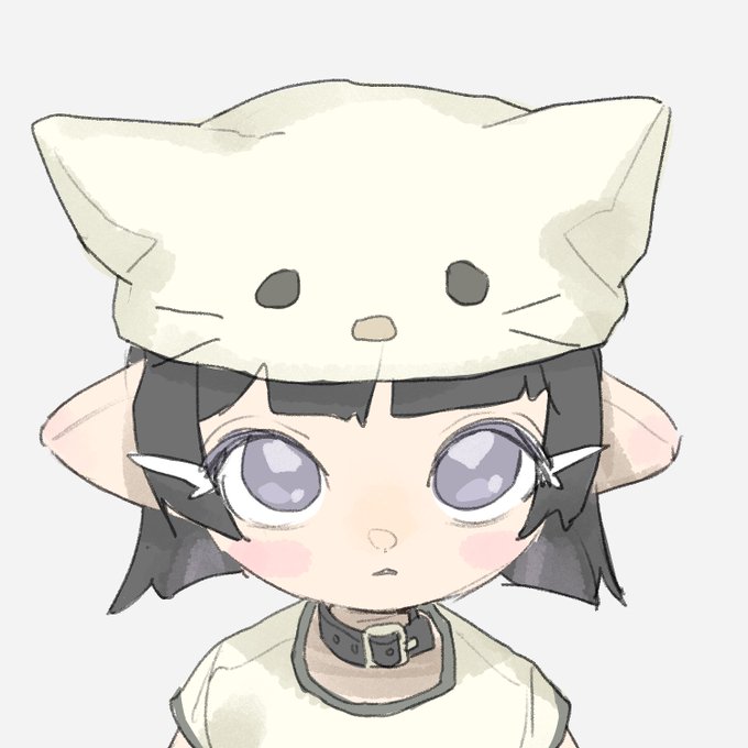 An anime-style chibi illustration of a character with large purple eyes, black hair, pointed ears, and a cat-eared hat, wearing a collar and white top.