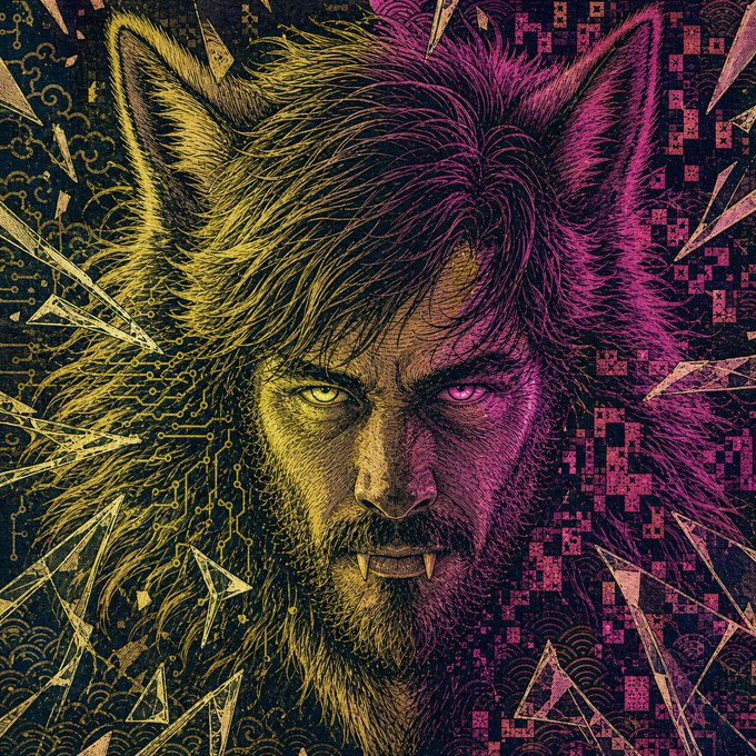 A fierce werewolf with glowing yellow and pink eyes stares forward amid shattered glass and circuitry patterns, symbolizing the "two wolves" duality referenced in the caption—representing bullish conviction alongside an inner beast. The split-color design (yellow/magenta) and aggressive fanged expression visually reinforce the intense, combative spirit tied to the $PACK token and its creator @vladtenev.