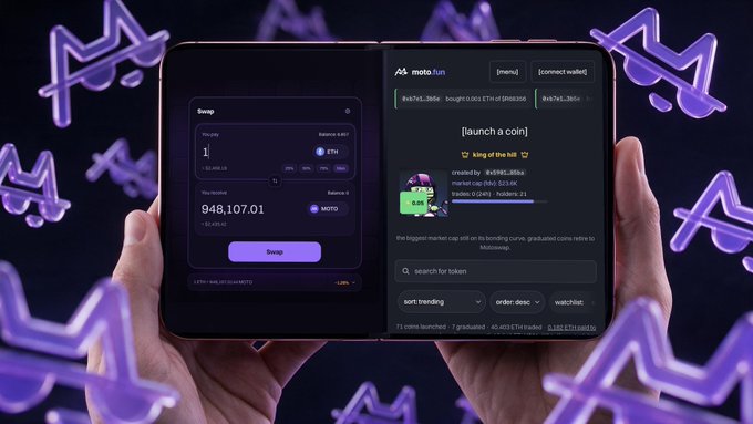 The image shows two smartphones held side by side against a backdrop of purple Monero-style logos, displaying a cryptocurrency interface: the left screen shows a "Swap" function with balances of "1" MOTO and "948,107.01," while the right screen displays a "moto.fun" memecoin launchpad featuring a token called "king of the hill" by "0x949b...d56a," priced at "0.001 ETH." This visual supports the post's claim of an "iPhone Duo" setup for launching and trading on EVM chains, showcasing the dual-screen workflow from meme creation to token swapping.