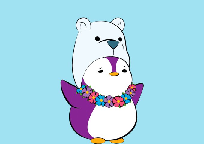A cute cartoon illustration shows a small purple penguin wearing a colorful flower lei, with a smiling white polar bear hugging it from behind against a light blue background.