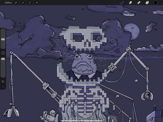 A digital illustration displayed in an editing app shows a pixelated skeleton figure with a frog-like character on its shoulders against a dark blue moonlit night.
