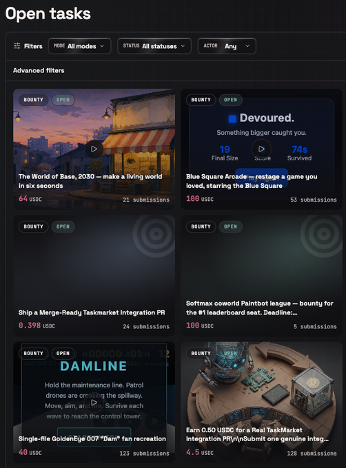A screenshot of an 'Open tasks' page displays various bounties including 'The World of Base, 2030', 'Devoured', 'Ship a Merge-Ready Taskmarket Integration PR', and 'Single-file GoldenEye 007 "Dam" fan recreation' with their USDC rewards and submission counts.