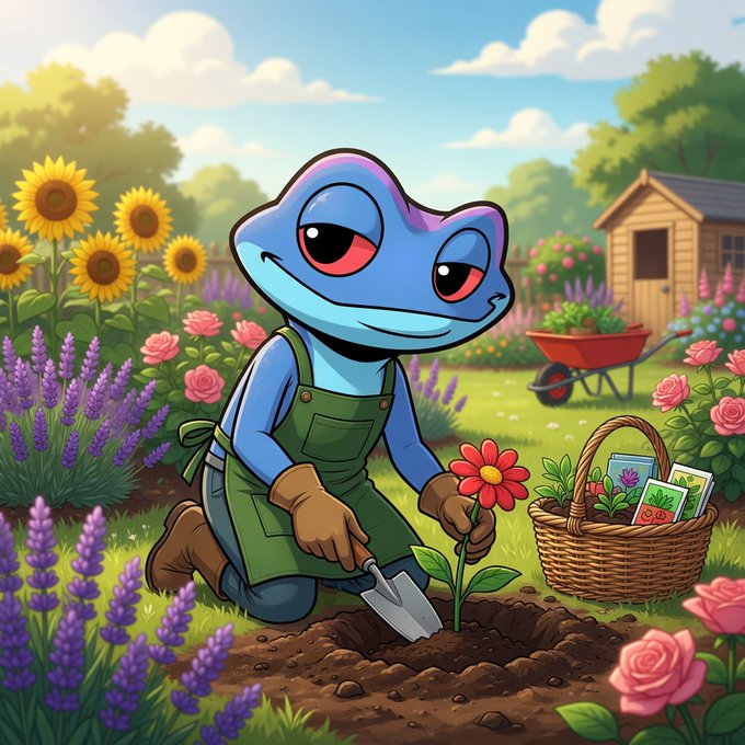 A cartoon blue frog character wearing green overalls and brown gloves kneels in a garden, planting a flower with a trowel next to a basket of seeds, surrounded by sunflowers, lavender, and roses with a shed in the background.