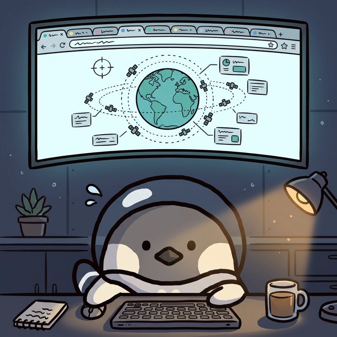 A cute penguin character sits at a desk overwhelmed by a computer screen displaying a globe surrounded by numerous satellite orbital paths and browser tabs, illustrating the humorous post about opening "47 orbital tabs" despite knowing one more wouldn't hurt.