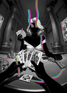 A stylized black-and-white illustration depicts a woman holding playing cards at a poker table in a grand classical interior, with chromatic glitch-style color streaks adding a surreal effect. The artwork's theme of gambling and a "Last Bet" matches the artist's caption celebrating their piece "Settle the Beef" being collected on the secondary market.
