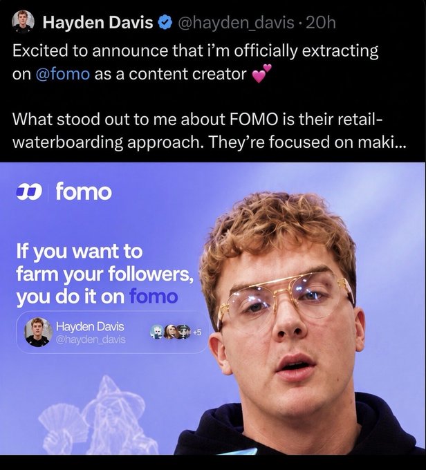 A tweet from Hayden Davis (@hayden_davis) announcing he is "officially extracting on @fomo as a content creator," featuring a promotional FOMO graphic with the tagline "If you want to farm your followers, you do it on fomo," which aligns with the accompanying post mocking FOMO's pattern of recruiting influencers to extract money from their audiences.