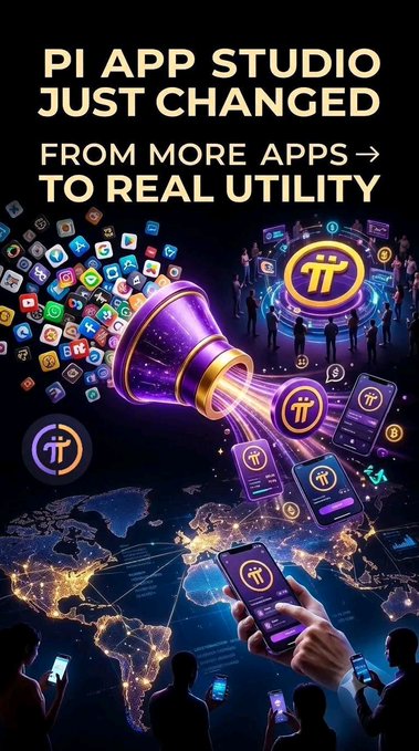 A bold promotional graphic announces "PI APP STUDIO JUST CHANGED FROM MORE APPS → TO REAL UTILITY," featuring a stylized purple funnel transforming scattered app icons into a streamlined, utility-focused Pi-branded interface, with people worldwide holding Pi smartphones against a glowing world map—visually reinforcing the post's message about Pi App Studio's strategic shift from app volume to practical, user-driven applications.