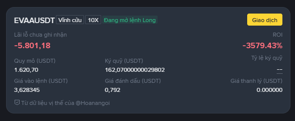 The image displays a futures position for EVAUSDT (Vin cứu) with 10x leverage, showing an unrealized loss of -5,801.18 USDT and an ROI of -3,579.43%, with an entry price of 3,628,345 USDT against a marked price of just 0.792 USDT, visually illustrating the catastrophic "Long until there's no return" trade described in the post.