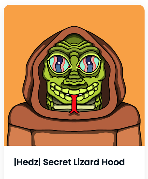 A digital illustration of a green lizard-like creature wearing a brown hood, with the text '[Hedz] Secret Lizard Hood' below.