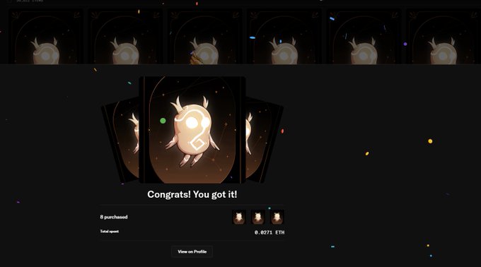 A digital interface displays a congratulations message reading 'Congrats! You got it!' for purchasing 8 items for 0.0271 ETH, showing card-like images of a white horned creature.