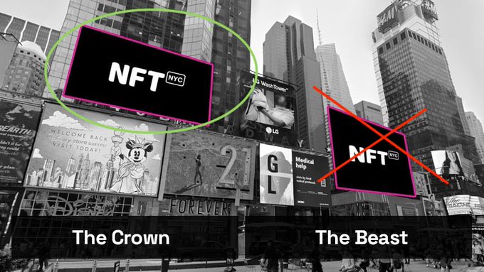 A black-and-white Times Square image comparing two NFT NYC billboard designs, labeled "The Crown" (circled in green, accepted) and "The Beast" (crossed out in red, rejected).