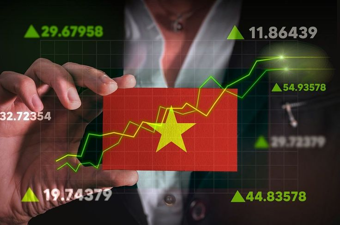 A hand holds up the Vietnamese flag overlaid with an upward-trending green stock chart and various numerical values like 29.67958 and 54.93578, symbolizing economic growth.