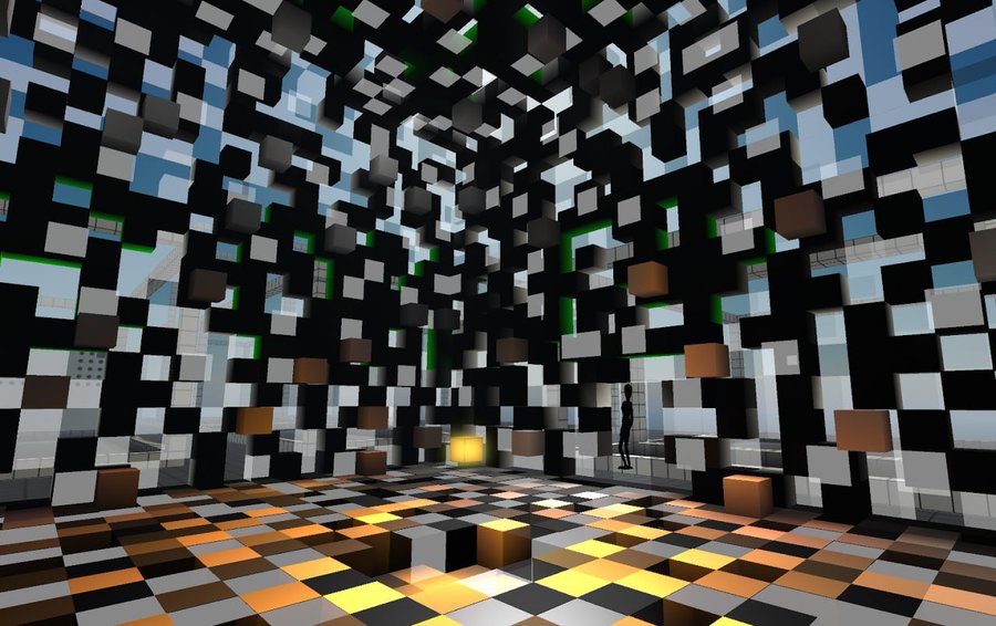 An abstract 3D digital art piece showing a room filled with floating black, white, blue, and orange cubes with a small figure standing in the background.
