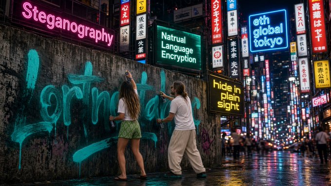 A digital illustration depicts two people spray-painting a wall in a vibrant, neon-lit cityscape featuring signs that read 'Steganography', 'Natrual Language Encryption', 'eth global tokyo', and 'hide in plain sight'.