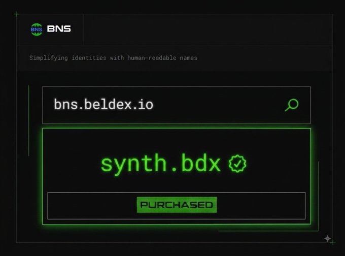 The image shows a Beldex Name System (BNS) interface with a search field displaying "bns.beldex.io" and the purchased name "synth.bdx" marked with a checkmark and a "PURCHASED" tag below it. It visually demonstrates how BNS simplifies crypto identities by replacing complex wallet addresses with readable .bdx names, directly illustrating the post's message about transforming chaotic IDs into user-friendly names.