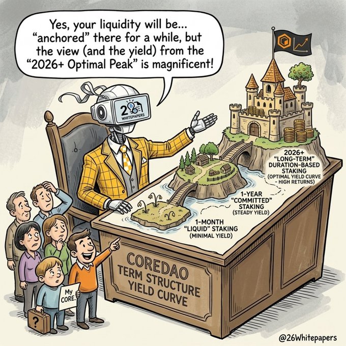 A cartoon illustration explaining the COREDAO Term Structure Yield Curve, showing a robot character in a suit describing 'liquid', 'committed', and 'duration-based' staking options to a family of users.