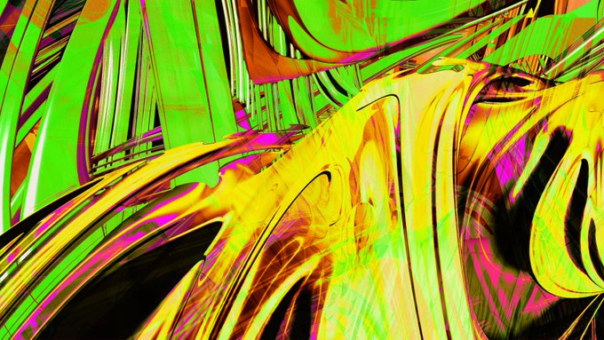 The image features a digital art piece with a vibrant color palette, including shades of green, yellow, pink, and black. The artwork appears to be abstract or surrealistic, with lines and shapes that create an intriguing visual effect. The colors used in the painting are predominantly green and yellow, which gives it a lively and energetic feel. The image is posted on social media platforms like Instagram, where users can easily share their thoughts and experiences by liking, commenting, or sharing such content.