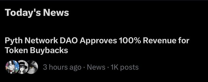 A news headline screenshot reading 'Pyth Network DAO Approves 100% Revenue for Token Buybacks' posted 3 hours ago with 1K posts.