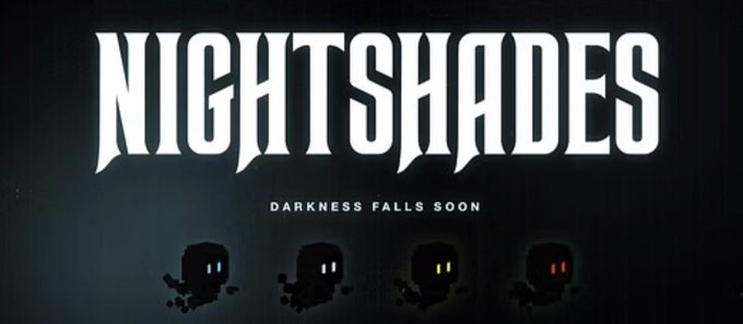 Promotional banner for "NIGHTSHADES" featuring the tagline "DARKNESS FALLS SOON" alongside four silhouetted pixel-art characters with glowing eyes in blue, gray, yellow, and red, tying into the post's announcement of a Civilization Protocol game where four coins compete for survival.
