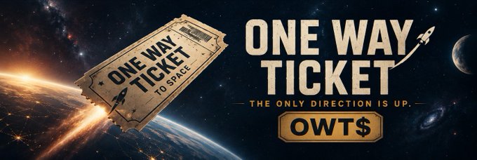A graphic design features a 'ONE WAY TICKET TO SPACE' against a cosmic background with Earth visible, alongside the text 'ONE WAY TICKET - THE ONLY DIRECTION IS UP.' and 'OWT$'.