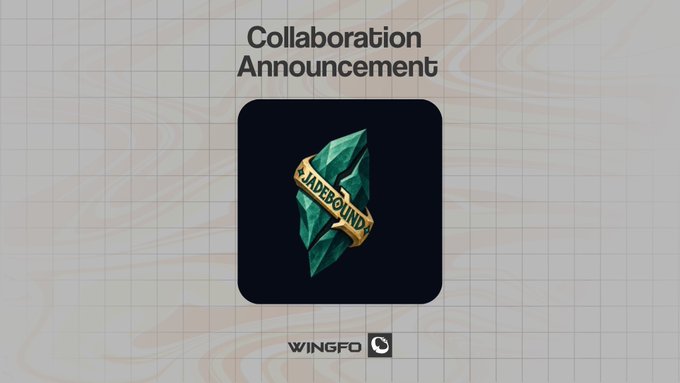 A "Collaboration Announcement" graphic featuring the Jadebound NFT logo—a green jade crystal wrapped with a gold "JADEBOUND" banner—set against a dark rounded square, with the Wingfo logo at the bottom, promoting the upcoming 2,222 NFT mint for Jade City.