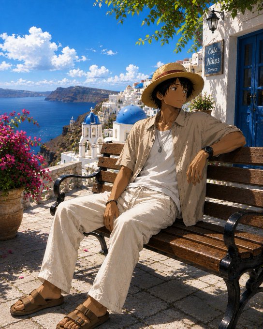 An anime-style young man wearing a straw hat, beige shirt, and white pants sits relaxed on a wooden bench overlooking a coastal town with white buildings and blue domes reminiscent of Santorini, with a sign reading 'Cafe Nikos' nearby.
