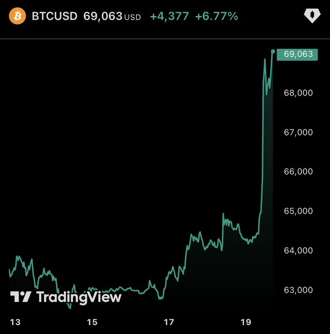 A TradingView chart of Bitcoin (BTCUSD) priced at 69,063 USD shows a +4,377 (+6.77%) increase, with the price line trending sharply upward.