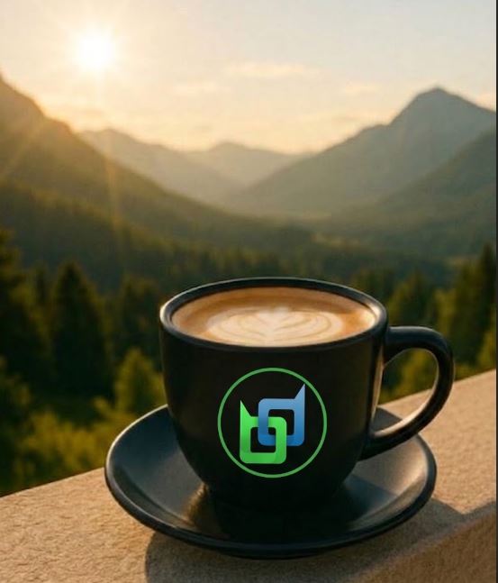 A black coffee cup featuring a green and blue chain link logo sits on a saucer against a backdrop of sunlit mountains and forest.