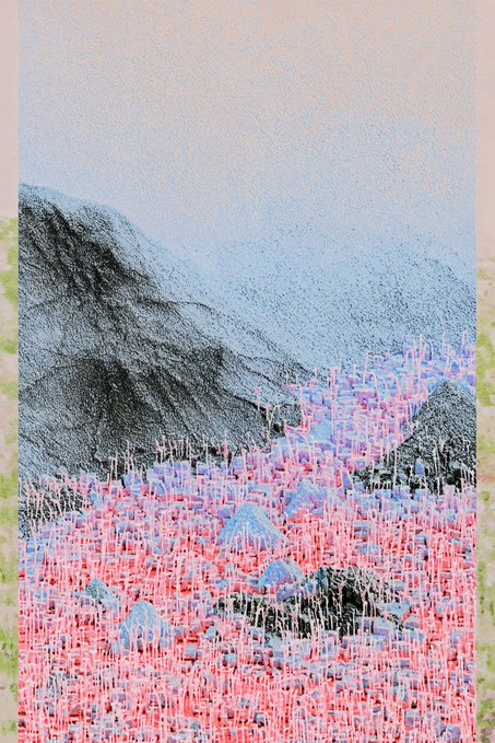 A textured, abstract landscape with layered pink, blue, and gray hues, depicting a mountainous terrain with intricate foreground patterns, corresponding to the "Sinter (Helictite) 1/1" artwork listed at 50 $ reserve by @networkeddotart.