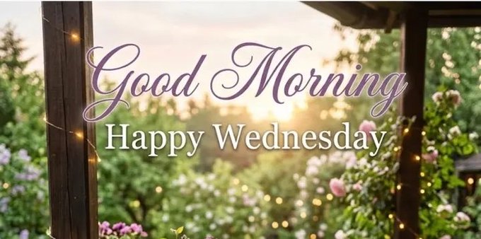 The image features a banner with the text "Good Morning Happy Wednesdays" written in purple cursive font, along with a photo of flowers and trees. The caption below the image reads "gm gm Nomisma is rewarding Top 300 rewards: ?" and "gm gm Nomisma is rewarding Top 315 mindshare Lb rewards: $QUIP LFG". This suggests that the post might be promoting a product or service related to the flower photo, possibly an online store selling flowers or garden decorations.