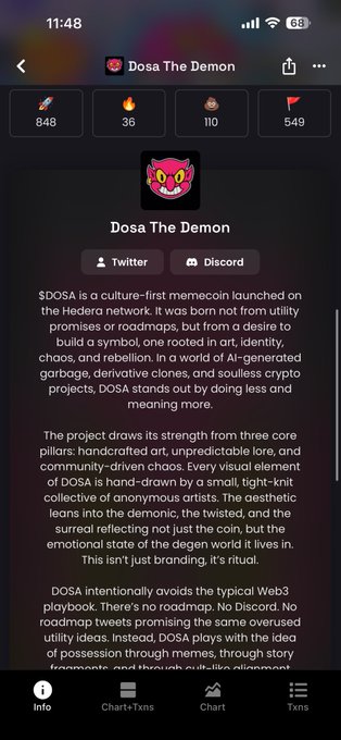 A mobile app screen for '$DOSA The Demon' describing it as a culture-first memecoin on the Hedera network, with stats showing 848 rockets, 36 fires, 110 poops, and 549 flags.