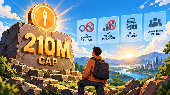 A crypto promotional graphic featuring a hiker overlooking a valley, highlighting a '210M CAP' and four features: No Endless Dilution, No Vague Inflation, Hard Ceiling, and Long Term Value.
