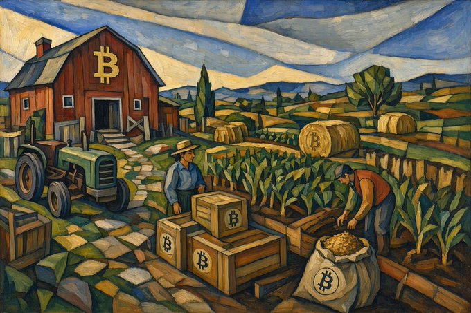 A post-impressionist style painting depicting a rural farm scene where a barn, crates, sacks, and a tractor are adorned with Bitcoin symbols, with farmers working in a cornfield.
