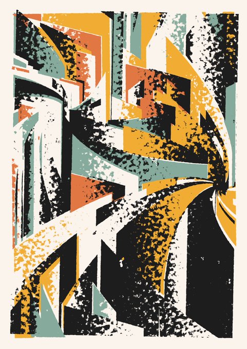 An abstract geometric print in yellow, black, teal, and orange with a textured, speckled pattern reminiscent of Cubist architectural forms.