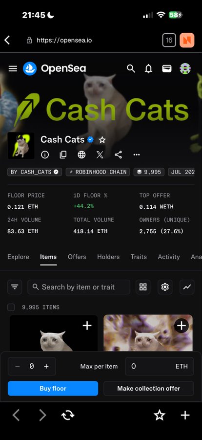 A screenshot of OpenSea showing the "Cash Cats" NFT collection on Robinhood Chain, featuring a floor price of 0.121 ETH (~$10) with 9,995 items, illustrating the post's claim of a $10 entry point into the collection.