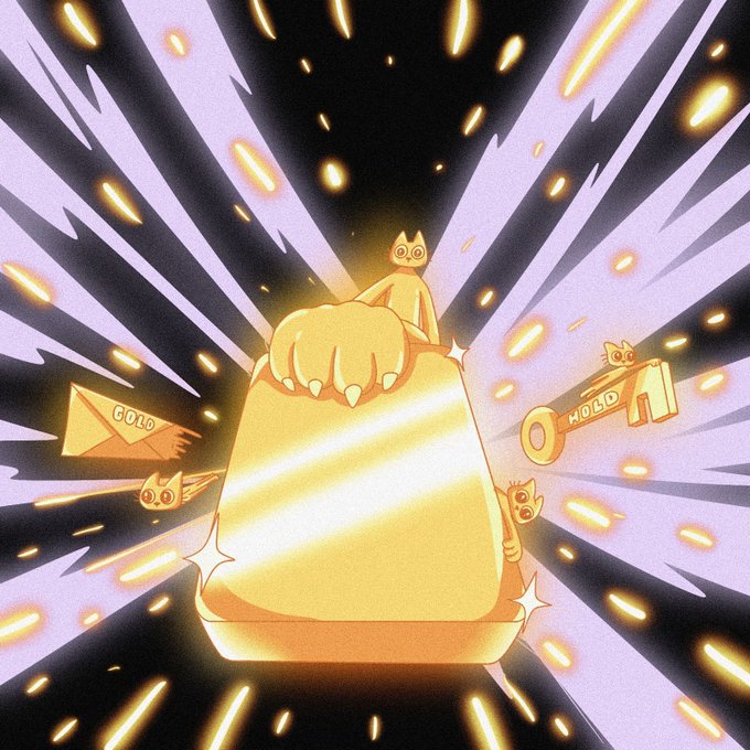 A vibrant digital illustration featuring a small cat figure standing atop a large, glowing gold bar, surrounded by radiating lines, gold coins, keys, and the word 'GOLD'.