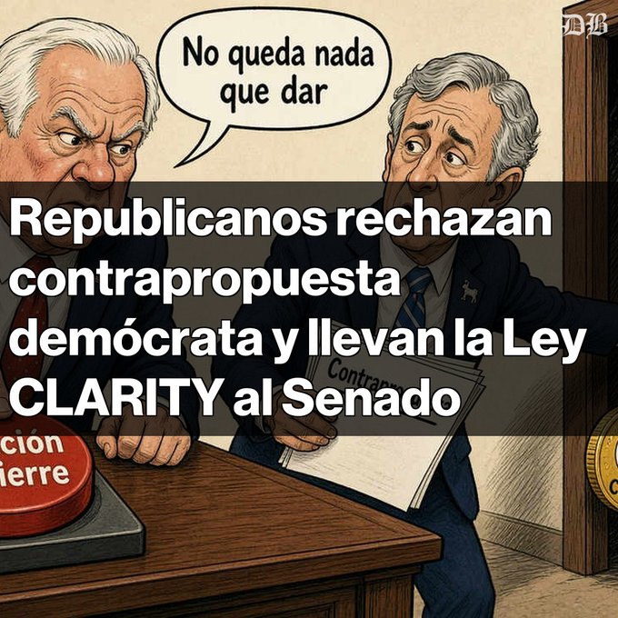 Political cartoon showing two suited figures at a desk with a red 'cierre' button; one says 'No queda nada que dar' with overlaid Spanish text: 'Republicanos rechazan contrapropuesta demócrata y llevan la Ley CLARITY al Senado'.