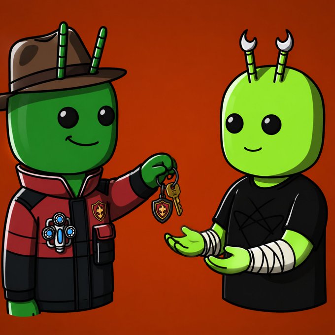 A cartoon illustration shows a green character wearing a hat and red jacket handing a set of keys with a shield emblem to another green character with crossed wrench-like antennae and bandaged hands, symbolizing the smooth handover of responsibilities and accounts described in the post about transferring Chill Bugs' wallets and logins to a new developer.