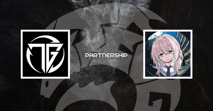 A 'PARTNERSHIP' announcement graphic with a stylized 'TG' logo on the left and an anime character with pink hair on the right, set against a smoky black background.