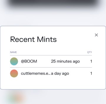 A 'Recent Mints' popup window displays two NFT mints: '@BOOM' 25 minutes ago and 'cuttlememes.e...' a day ago, each with a quantity of 1.