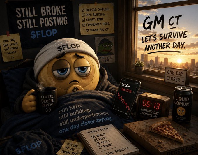 A dejected meme character wearing a '$FLOP' beanie in bed, with text like 'STILL BROKE STILL POSTING $FLOP', 'GM CT LET'S SURVIVE ANOTHER DAY', and various other crypto-meme references including 'LIQUIDIUM COPIUM'.