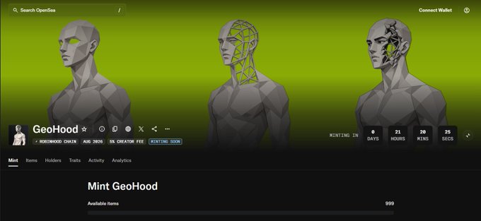 An OpenSea NFT minting page for "GeoHood," showing three 3D polygonal humanoid figures (one with a green wireframe mask, one with cracks) and a countdown timer ending in 0 days.