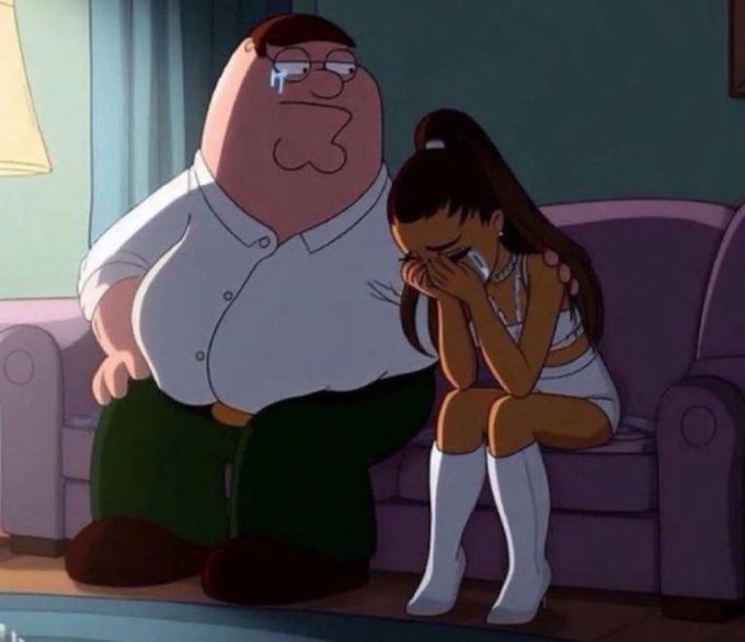 An animated scene shows Peter Griffin comforting a crying young woman on a purple couch, both with tears streaming down their faces.