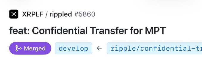 A GitHub pull request titled "feat: Confidential Transfer for MPT" (#5860) in the XRPLF/rippled repository, marked as Merged into the develop branch from a "ripple/confidential-tr..." feature branch, visually confirming the implementation of XRPL's new confidential transfer feature for Multi-Purpose Tokens described in the post.