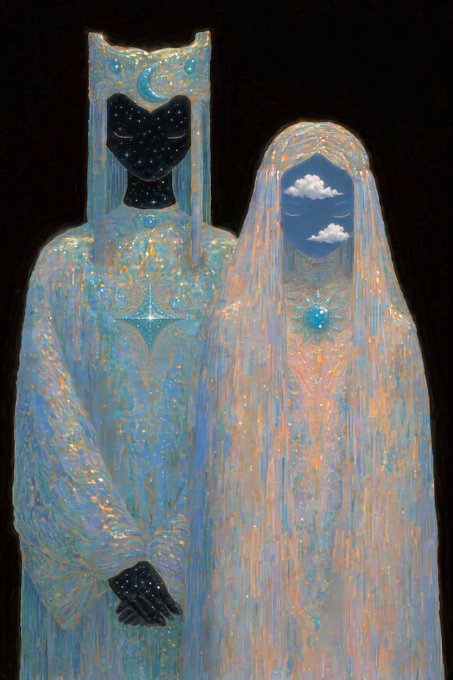 An artistic painting of two ethereal figures in flowing white and blue garments against a black background, with one figure having a starry night sky face and the other having a blue sky with clouds where their face would be.