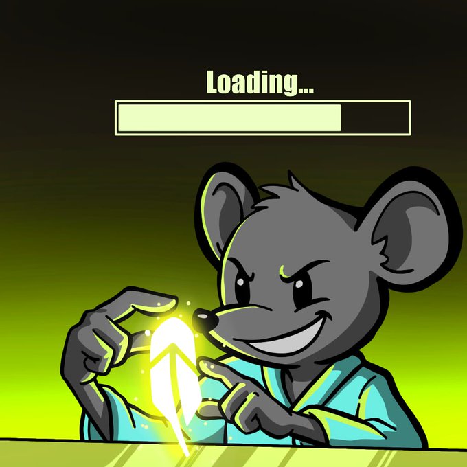 A cartoon mouse character with a mischievous grin holds up a glowing, glowing yellow shard, displayed beneath a "Loading..." progress bar filled about 80% with bright yellow, tying into the Puce NFT collection's playful, quirky aesthetic as the project prepares to launch.