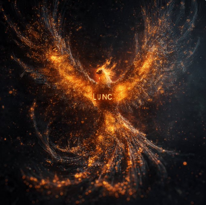 The image features a large, bright orange phoenix with its wings spread wide as if in flight. The phoenix has the word "LUNC" written across its body in an all-caps black font. Above the phoenix, there are tiny specks of light or particles floating around, creating an ethereal and energetic atmosphere. These particles appear to be either stars or flames within the image's dark backdrop, adding a sense of movement and intensity to the scene. The combination of the phoenix's fiery presence and the dancing particles creates a striking visual effect that captures attention and evokes feelings of power and freedom.