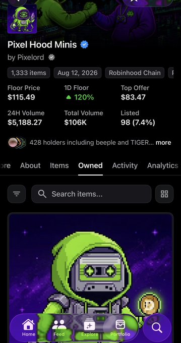 A screenshot from OpenSea showing the 'Pixel Hood Minis' NFT collection by Pixelford on Robinhood Chain, with a floor price of $115.49 (120% increase), 1,333 items, 428 holders, and a green robot NFT displayed below.